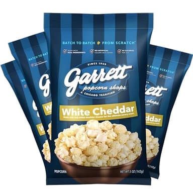 Garrett Popcorn White Cheddar, 5.0oz, 4 Bags, White Cheddar Gourmet Popcorn, Gluten Free, Savory Snack, Popped Popcorn Bags