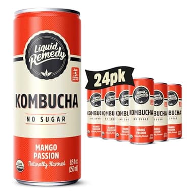 Liquid Remedy Kombucha Sugar Free Organic Drink, Low Calorie, Probiotic Like Tea for Gut Health - Mango Passion - 8.5 Fl Oz Can, 24-Pack