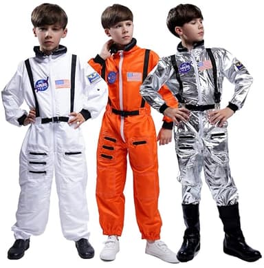 Maxim Party Supplies Kids Astronaut Costume Space Suit Onesie With Embroidered Patches And Pockets For Children, Boys, Toddlers (12/14, White)
