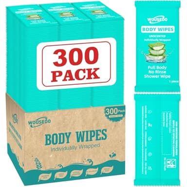300 Pack Individually Wrapped Body Wipes (8" x 9.5"),No-Rinse Shower Wipe for Adults,Travel,Gym & Camping,Bulk Cleansing Wipes for Homeless