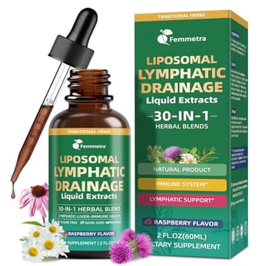 Liposomal Lymphatic Drainage Supplements with 30-in-1 Herbal Blend - Echinacea | Oregano | Milk Thistle - Sugar Free Lymph System Drops - Immune Support, Cleanse & Detox, Raspberry Flavor, 2 fl oz