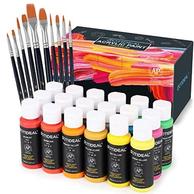 GOTIDEAL Acrylic Paint Set with 10 Brushes, 18 Colors Outdoor/Indoor (59ml, 2 oz) Art Craft Paint Non Toxic, Perfect for Hobby, Artist, Adults, Ideal for Canvas Wood Clay Ceramic Paint Supplies