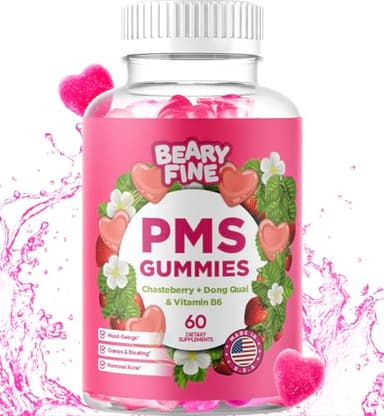 Beary Fine PMS Gummies - PMS Vitamins for Women & Teens - PMS Period Relief - Cramping, Bloating, Mood Swings - Made in The USA (Strawberry, 60 Count)