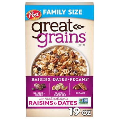 Great Grains Raisins, Dates & Pecans Breakfast Cereal for Adults, Crunchy Clusters with Dried Fruit and Nuts, Non-GMO, Heart Healthy, 19 oz Box