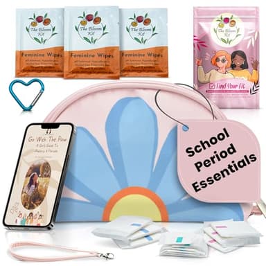 The Bloom First Period Kit for Girls 9-12, Cute Sanitary Napkin Storage Bag Gifts, Tween Period Starter Kit, Portable Waterproof Emergency Sanitary Pad Pouch for Active Girls - 16 PC, (Pink)
