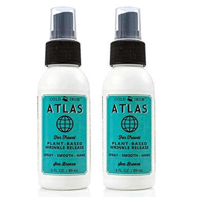 Cold Iron Wrinkle Release Spray for Clothes. Atlas Travel Size 3 fl oz/89 ml. Light Summery Scent. Ironing Alternative. Spray, Smooth, Hang.