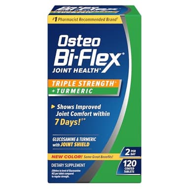 Osteo Bi-Flex Glucosamine Triple Strength Plus Turmeric Supplement with Curcumin for Joint Support and Range of Motion, 60 Day Supply, 120 Coated Tablets, Joint Health Nutritional Supplements