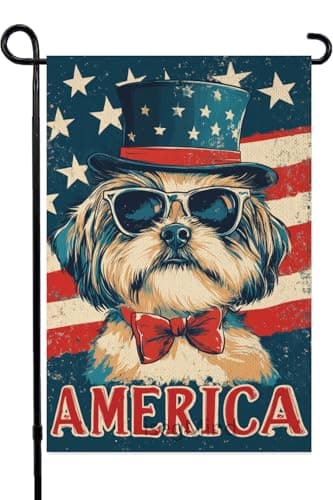 IsegMind Welcome 4th of July Shih Tzu Garden Flag, American USA Flag Stars Stripes Yard Outside Decorations, Summer Outdoor Small Home Decor Double Sided 12x18 Inch (7493)