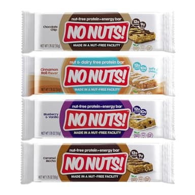 No Nuts! Protein Bar Variety Pack 4 Count Sampler | Nut-Free & School-Safe | Chocolate Chip, Caramel Mocha, Cinnamon Roll & Blueberry Vanilla | Dairy-Free, Vegan, Non-GMO, Organic, Kosher