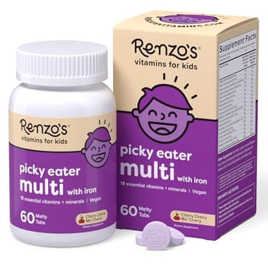 Renzo's Picky Eater Kids Multivitamin with Iron, Dissolving Kids Vitamins with Vitamin D3 & K2 and More, 60 Sugar-Free Melty Tabs, Cherry Mo’ Cherry Flavored