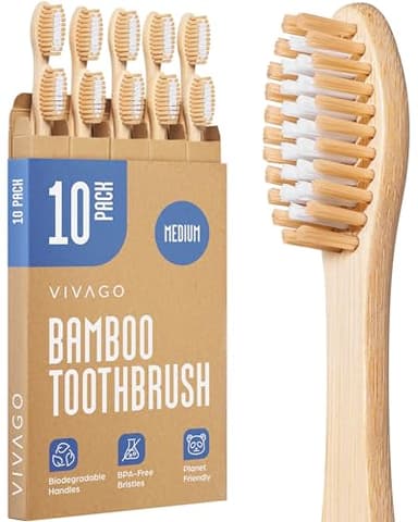 VIVAGO Bamboo Toothbrushes Medium Bristles 10 Pack - BPA Free Medium Bristles Toothbrushes for Adults - Eco-Friendly, Natural Wooden Toothbrush