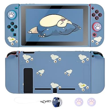 DLseego Dockable Case Design for Switch 2017, Anti-Slip Shock-Absorption Protective Soft Carrying Case and Joy Con Controller with 1 PCS Elf Ball Pendant and 2 PCS Thumb Grip caps -Black Lying Cat