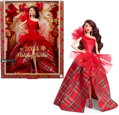 Barbie Signature 2024 Holiday Dolls, Seasonal Collector Gift, Plaid Gown with Red Bow, Displayable Packaging, Dark Brown Hair