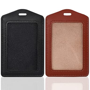 2 Pack Genuine Leather ID Badge Holders, Vertical ID Card Holders with Single-Side Clear Window, Waterproof Name Badge Holde Suit for Office, Staff, Students, Employees