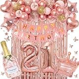 Ouddy Life 21st Birthday Decorations for Her, Rose Gold Birthday Party Decoration for Women Girls Pink Happy Birthday Banner Fringe Curtain Butterfly Rose Gold Balloons 21st Birthday Party Supplies