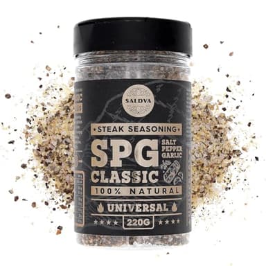 SPG Classic Steak Seasoning Blend - Premium Salt, Pepper & Garlic Seasoning - Crafted for Irresistible Steaks - Large Jar (220g)