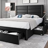 Yaheetech Queen Size Bed Frame Platform with 2 USB Charging Station/Port for Type A&Type C/3 Storage Drawers, Leather Upholstered with Headboard/Solid Wood Slat Support/No Box Spring Needed/Black