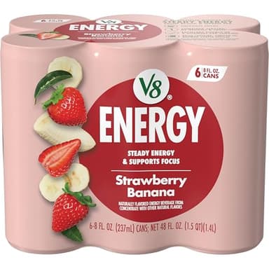 V8 +ENERGY Strawberry Banana Energy Drink, Made with Real Vegetable and Fruit Juices, 8 FL OZ Can (Pack of 6)