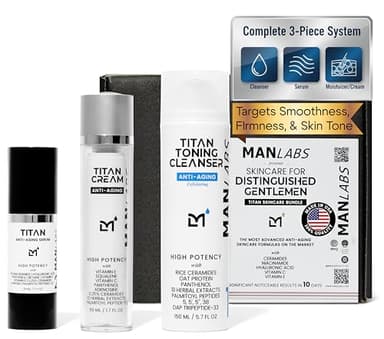 Man Labs Titan Anti-Aging Mens Skin Care Kit – Face Serum for Men, Face Moisturizer, Cleanser – Skin Care for Men – Dark Spots, Wrinkles, Fine Lines – Vitamin C, Niacinamide, Ceramides, HA – Unscented
