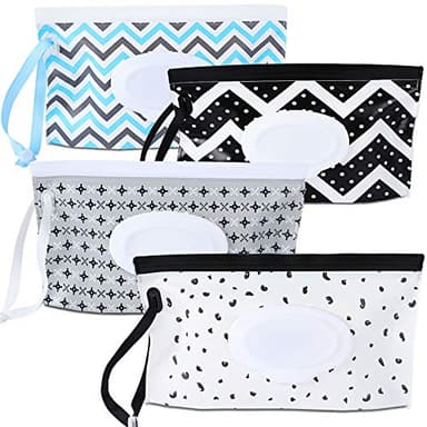 FEBSNOW 4 Pack Baby Wipe Dispenser, Portable Refillable Wipe Holder, Baby Wipes Container, Wipe Dispenser, Reusable Travel Wet Wipe Pouch (Geometric)