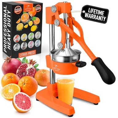 Zulay Kitchen Cast Iron Juicer - Easy-to-Clean Heavy-Duty Manual Juicer, Professional Citrus Juicer - Stainless Steel Lemon Squeezer - Manual Citrus Press & Orange Squeezer - Orange Juicer (Orange)