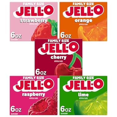 Jell-O Family Size Gelatin Dessert Mix Variety Pack - Strawberry, Orange, Cherry, Raspberry, and Lime (6 oz Boxes)