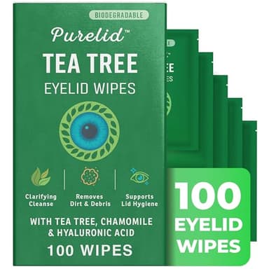 PURELID 100PCs Tea Tree Eyelid Wipes – Cleaning Eye Wipes for People with Dry Eyes & Allergies – Gentle Eyelid Cleanser with Hyaluronic Acid, Chamomile and Aloe – Individually Wrapped & Biodegradable