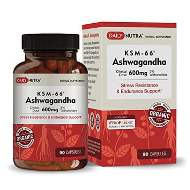 DailyNutra KSM-66 Ashwagandha 600mg Organic Root Extract - High Potency Supplement with 5% Withanolides | Relieves Tiredness, Supports Relaxation, Focus, Energy, & Muscle Growth (90 Capsules)