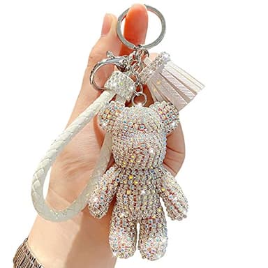 BONICI Girls Fashionable Diamond Bear Pendant Keychain Bling Sparkle Luxury Bear Key-Chains Keyring Gift Pendant for Handbag Tote Purse Backpack Bag Decoration Car Key Tassel Wrist Strap -White