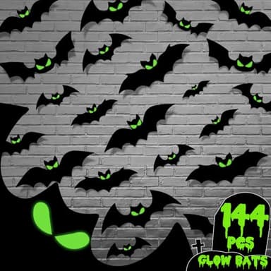 DIYASY 144 Pcs Bats Wall Decor, Glow in The Dark Bats 3D Bat Cutouts Halloween Decorations Light Up Eyes Paper Bat Stickers Black Plastic Sticky Decals for Home Indoor Outdoor décor Outside