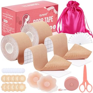 TEAWOO Boob Tape Kit - BoobTape for Breast Lift, 2 Body Tape, 4 PCs Silicone Breast Petals, 20 PCs Satin Nipple Stickers, 36 PCs Double Sided Tape, Boobtape for A-G