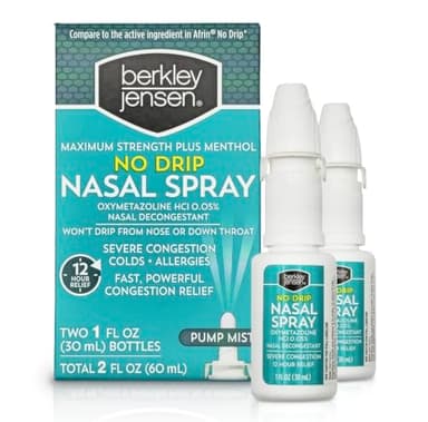 berkley jensen No Drip Severe Congestion Nasal Spray - Maximum Strength Decongestant with Oxymetazoline HCl & Menthol - Pump Mist Applicator, No Steroid, 12 Hour Relief, 1 Fluid Ounce (Pack of 2)
