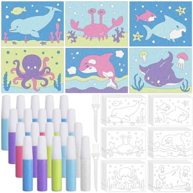 VercanMonth 30 Sets Ocean Animal Sand Art Kits for DIY Craft Sand Painting Colored Art Painting Cards Set DIY Arts Ocean Theme Educational and Learning Activities