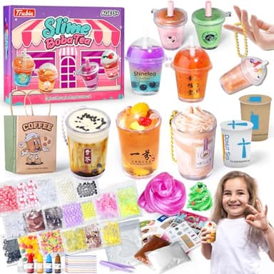 Trubic Miniature Cafe & Boba Tea Slime Valentines for Kids, 53PCS Mini Dessert Cup Slime Making Kit, Kitchen DIY Pretend Play Food Toys, Classroom Prizes Party Gift for Kids Girls Ages 8-12