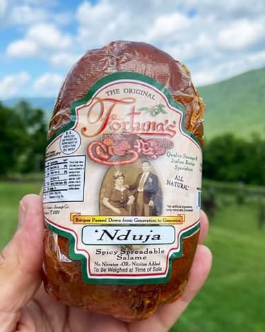 Fortuna's Handmade N'Duja, Italian Style Spreadable Salami, All Natural Pork 8-10 oz. A specialtiy of Calabria, made with true Calabrese hot and sweet pepper from Spilinga, Calabria Italy.