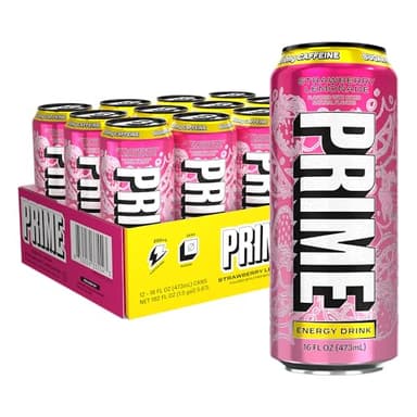 PRIME Energy STRAWBERRY LEMONADE, Sugar Free Energy Drink, 200mg Caffeine and 355mg of Electrolytes for Hydration, Low Calorie, Vegan, Gluten Free,16 Fluid Ounce, 12 Pack