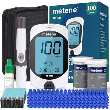 Metene TD-4116 Blood Glucose Monitor Kit, 100 Glucometer Strips, 100 Lancets, 1 Blood Sugar Monitor, Blood Sugar Test Kit with Control Solution, Lancing Device, No Coding, Large Display