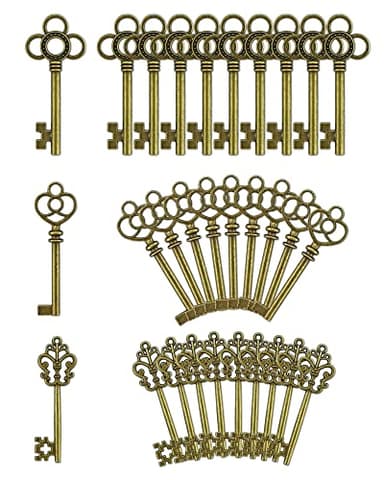 JIALEEY 3 Type of 30 PCS Vintage Large Skeleton Key Set Charms, Mixed Antique Style Bronze Brass Key Set Charms for Pendant DIY Jewelry Making Wedding Party Favors