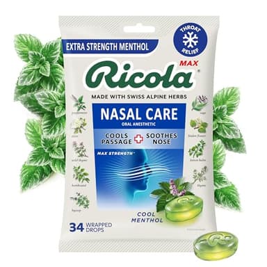 Ricola MAX Nasal Care Cool Menthol Drops with Extra Menthol - Maximum Nasal Comfort and Sore Throat Relief for Cold & Flu Symptoms - 34 Count - Herbal Throat Lozenges