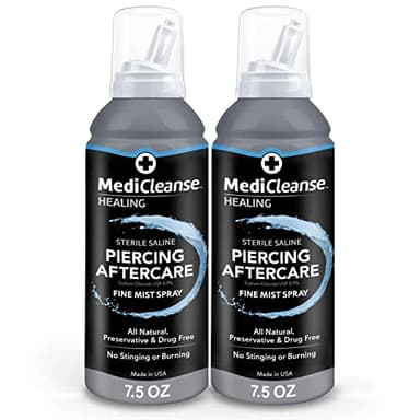 MediCleanse Sterile Saline Piercing Aftercare Fine Mist Spray, 7.5 Ounce, All Natural, No Alcohol, Vegan Friendly, for Piercings and Tattoos, Made in USA, Pack of 2