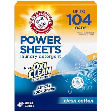 ARM & HAMMER Power Sheets Laundry Detergent Plus OxiClean Stain Fighters, Clean Cotton Scent, 52 Count, 104 Medium Loads