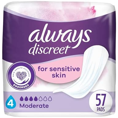 Always Discreet Incontinence Pads for Women with Bladder Leaks, Sensitive Skin Pads Moderate Absorbency, Regular Length, 57 Count