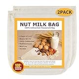 Nut Milk Bags, All Natural Cheesecloth Bags, 12"x12", 2 Pack, 100% Unbleached Cotton Cloth Bags for Tea/Yogurt/Juice/Wine/Soup/Herbs, Durable Washable Reusable Almond Milk Strainer(Weave 66x70)