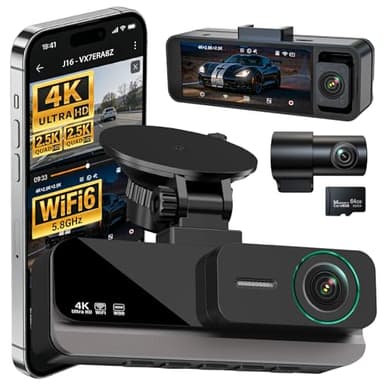 Nymzview 4K+2.5K+2.5K 3 Channel Dash Cam - Front/Rear/Inside - 5.8GHz WiFi 6 Dashcam with IR Night Vision, 64GB Card, 24H Parking Mode, G-Sensor - Car Dash Cam for Rideshare & Taxi