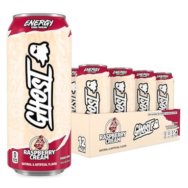 GHOST Energy Drink - 12-Pack, Raspberry Cream, 16oz Cans - Energy & Focus & No Artificial Colors - 200mg of Natural Caffeine, L-Carnitine & Taurine - Gluten-Free & Vegan