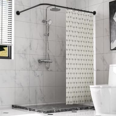 Corner Shower Curtain Rod, Adjustable (24"-53"x24"-53"), Black L Shaped Shower Curtain Rod, Genuine Stainless Steel, Unsagging, Drill-Free, 90° Corner Design, Includes 12 Shower Curtain Rings