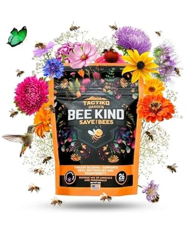 Tactiko Garden 26 Wildflower Seeds Mix, 120,000+ 4 oz Save The Bees Wildflower Garden Seeds, Annual & Perennial Pollinator Seeds to Attract Bees, Butterflies & Hummingbirds, Up to 600 sq ft Coverage
