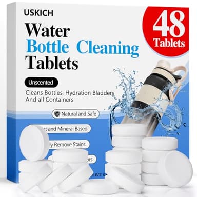USKICH 48 Pack Water Bottle Cleaning Tablets,Water Bottle Cleaner Great for Stainless Steel, Thermos, Tumbler, Insulated and Reusable Water Bottles,Removes Stubborn Stains and Odors