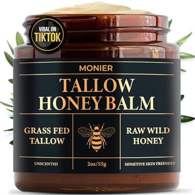 MONIER Tallow and Honey Balm for Face, Beef Tallow for Skin, Moisturizer with 100% Organic Grass-Fed Beef Tallow & Raw Wild Honey - Natural Formula for Dry & Sensitive Skin (Unscented)