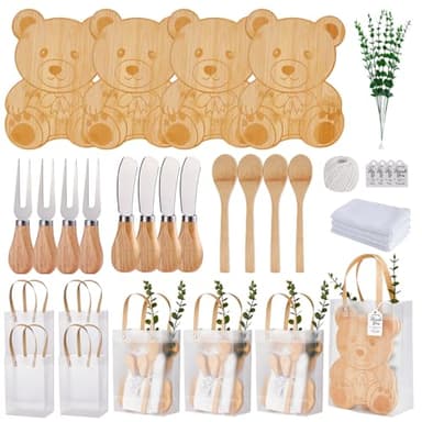 Baby Shower Prizes for Game Winners Bear Shaped Cheese Board Gift with Spoons Butter Spreaders Gift Bags Kitchen Towels Bridal Shower Party Favors for Guests (Bear Shaped, 4 Sets)